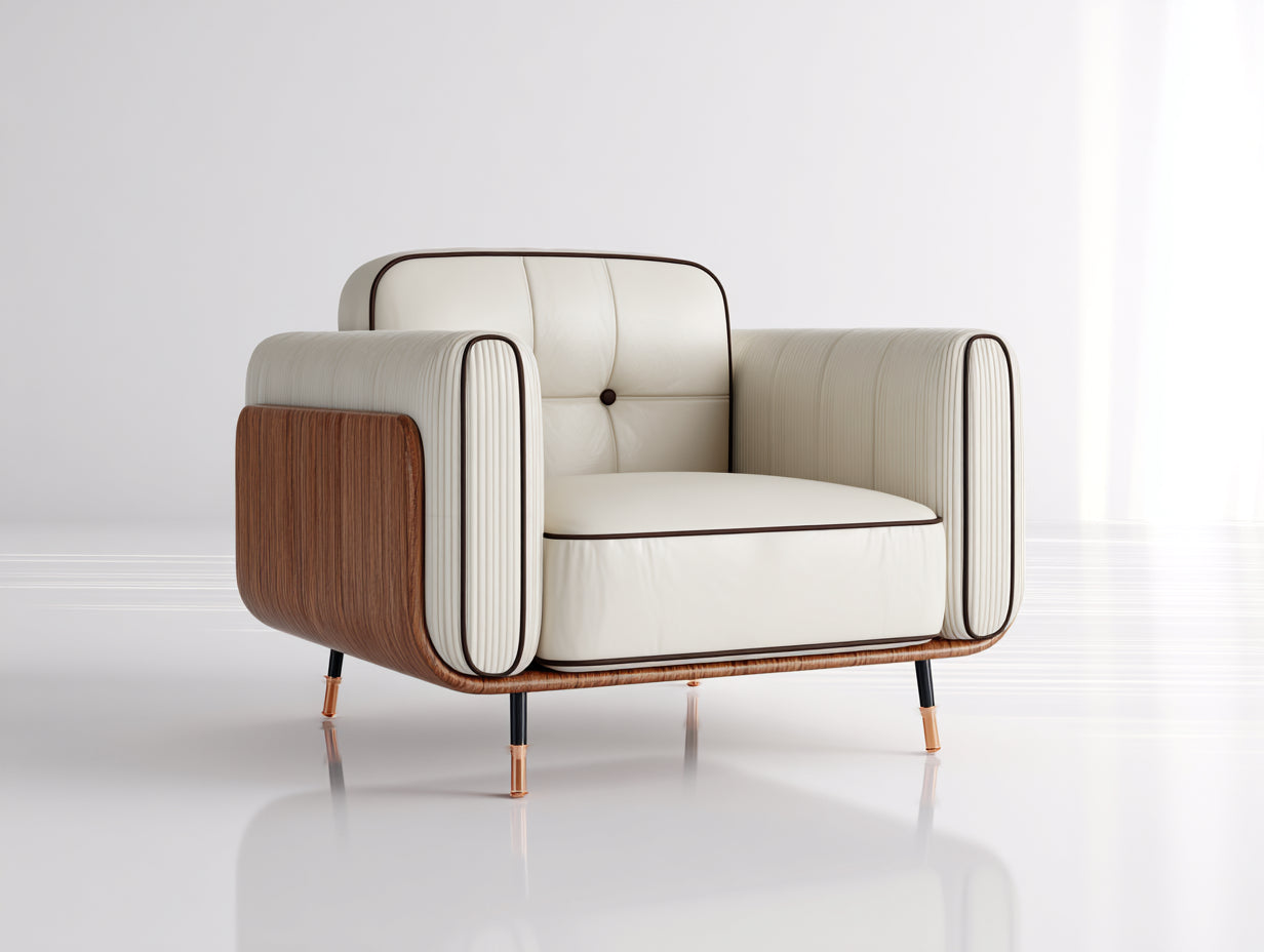 Fauteuil - Similicuir-Bois-Métal - 92x86x79 cm - Crème-Marron - Style contemporain