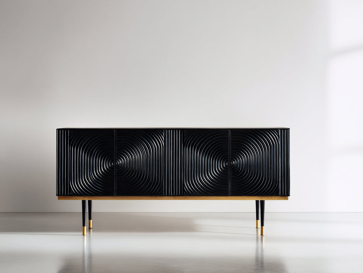 Meuble d'entrée - Bois-Métal - 180 x 40 x 78 cm - Noir-Doré - Style contemporain texturé