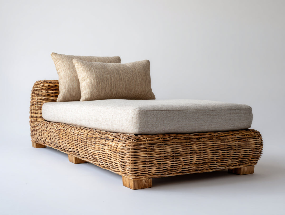 Bain de soleil - Rotin-Textile - 205 x 92 x 82 cm - Miel-Écru - Style naturel avec dossier enveloppant