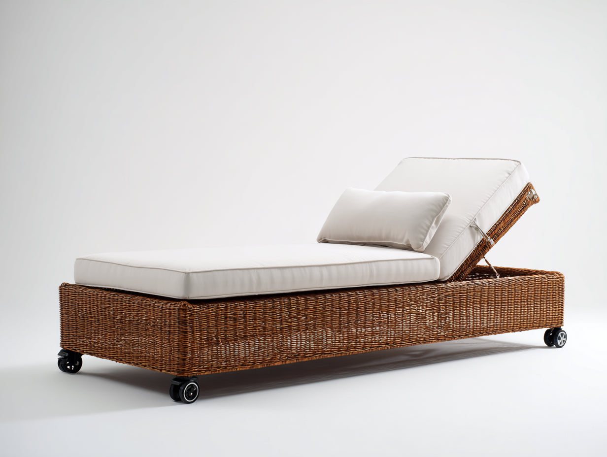 Bain de soleil - Résine tressée-Textile - 205 x 76 x 89 cm - Marron-Blanc cassé - Style contemporain avec dossier réglable et roulettes