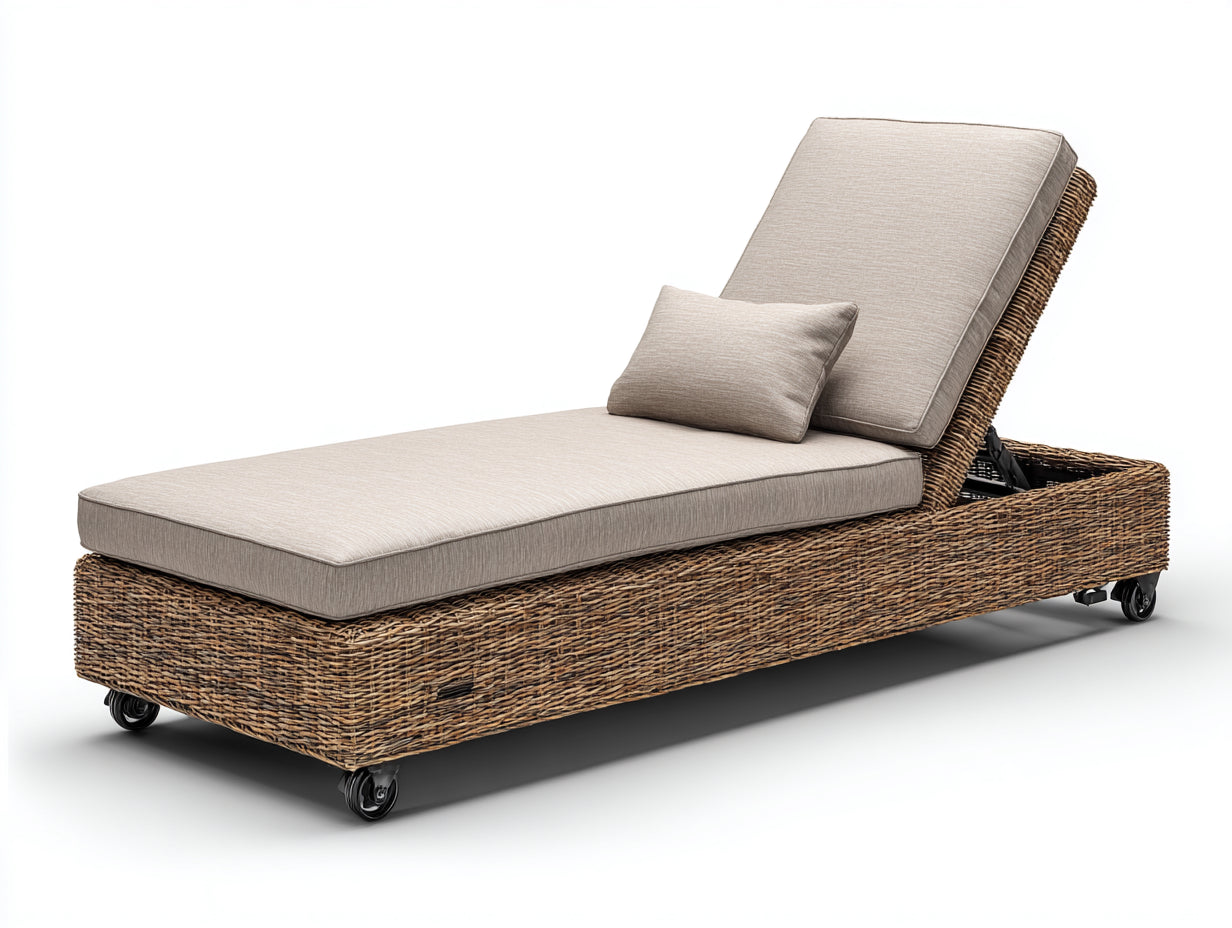 Bain de soleil - Résine tressée-Textile - 210 x 80 x 98 cm - Marron-Beige - Style contemporain avec dossier réglable et roulettes