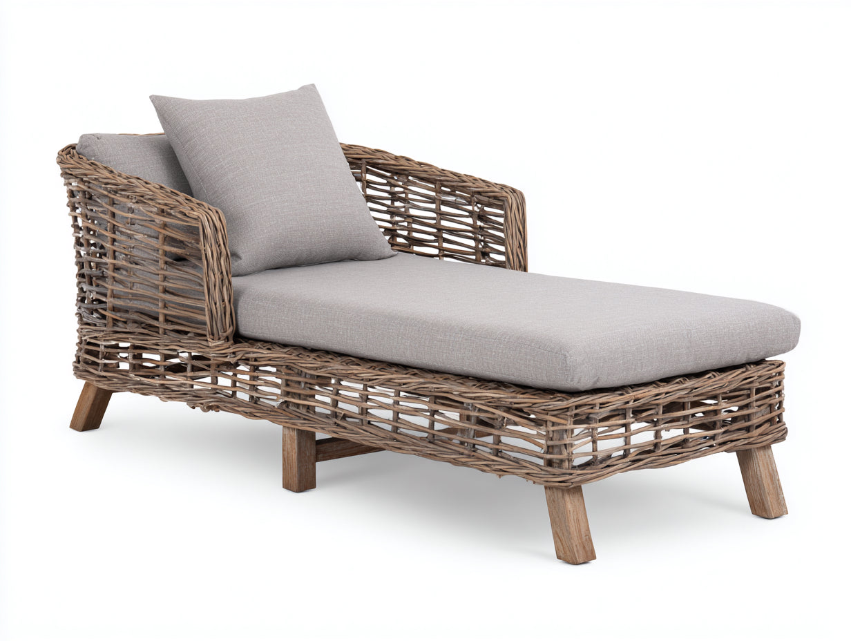 Bain de soleil - Rotin-Textile - 196 x 88 x 81 cm - Naturel-Gris - Style contemporain à tressage ajouré