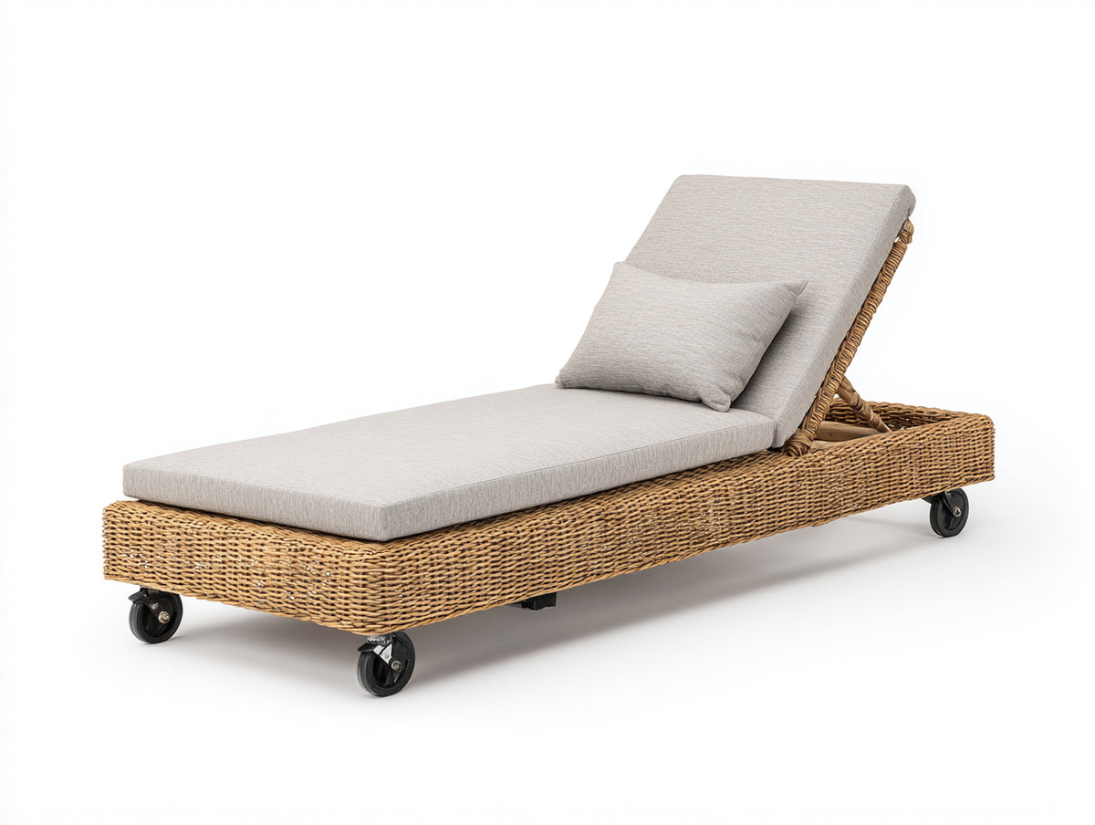 Bain de soleil - Résine tressée-Textile - 200 x 74 x 88 cm - Naturel-Beige - Style épuré avec dossier réglable et roulettes
