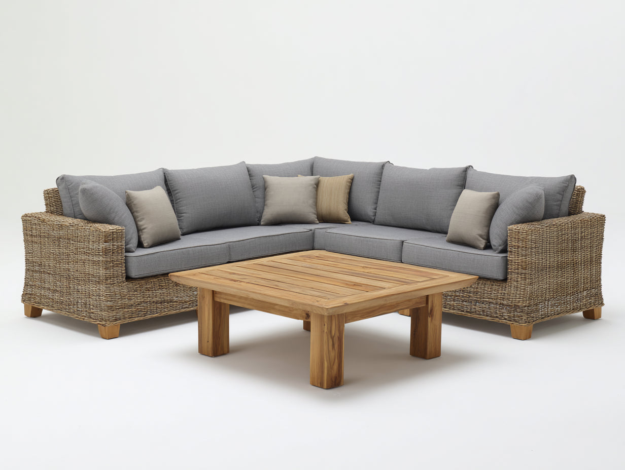 Canapé de jardin - Résine tressée-tissu-bois - 270 x 270 x 78 cm - Gris clair-naturel - Style contemporain