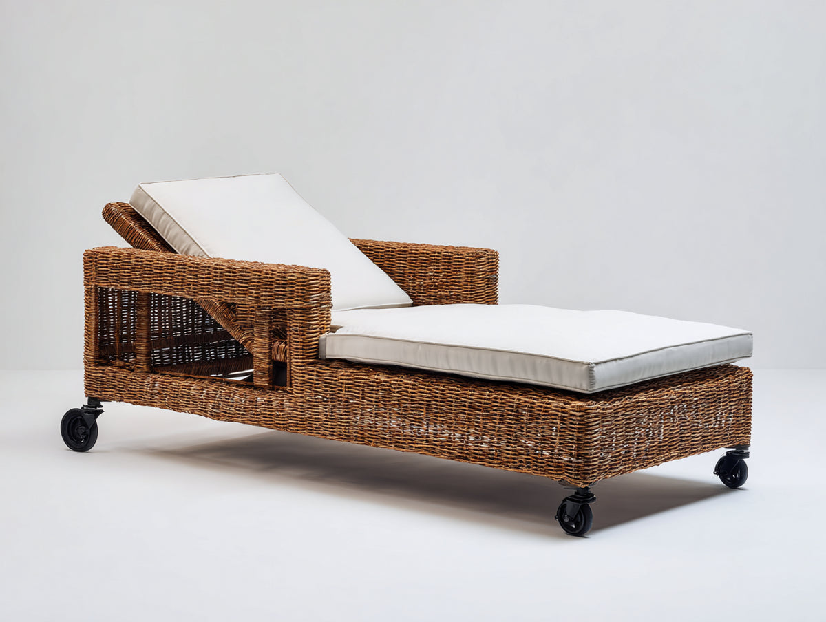 Bain de soleil - Résine tressée-Textile - 210 x 85 x 88 cm - Brun miel-Ivoire - Style enveloppant avec dossier réglable et roulettes