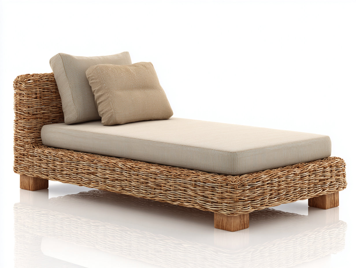 Bain de soleil - Rotin-Textile - 210 x 95 x 86 cm - Naturel-Beige - Style bohème avec dossier fixe