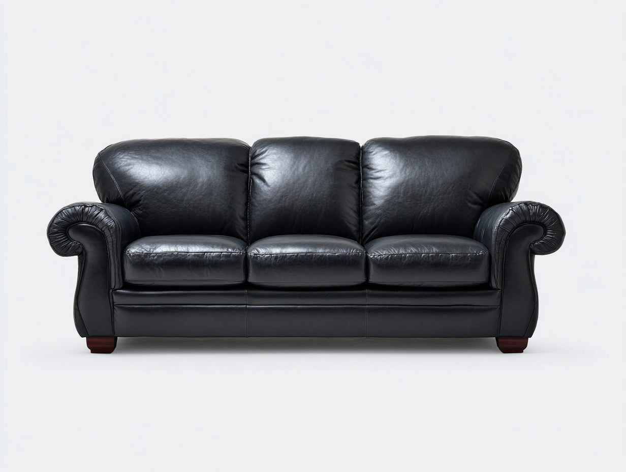 Canapé 3 places - Revêtement effet cuir - 215 x 95 x 90 cm - Noir - Style classique